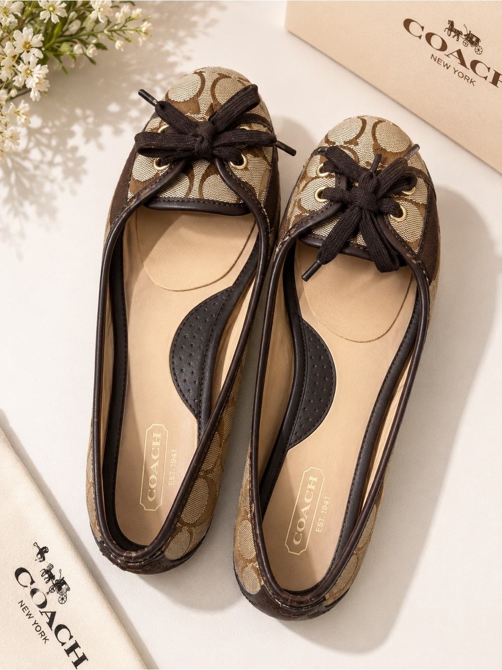 Coach Brown Signature Canvas Bow Ballet Flats